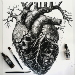 Show me detailed ornate pictures of a heart with skull siloute