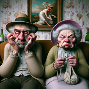 Digital art, a stylized elderly couple wearing hats, with exagge...