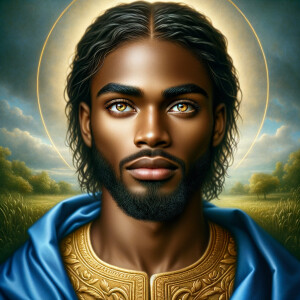 Create a beautiful African-American Jesus Christ with Hazel, brown eyes and blue and gold robe