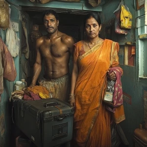 Painting hyperrealistic style,a 54-year-old Gujarati housemaid w...