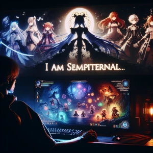 A dark theme anime image of a gamer in front of a screen. On the...