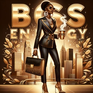 A confident African American woman standing tall in a tailored p...