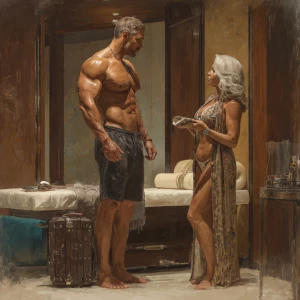 realism digital painting, a muscular Russian man in his beach ho...