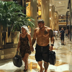 Digital art HD 1:1.A sweaty  man walking with his 54 year old au...