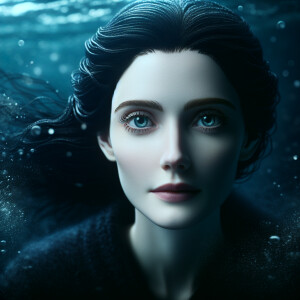 A mermaid with pale skin and cold eyes. Long dark hair. Floating...