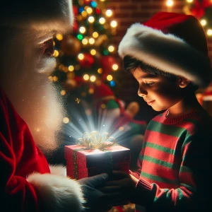 Closeup of a Mexican child being given a luminous gift for Chris...