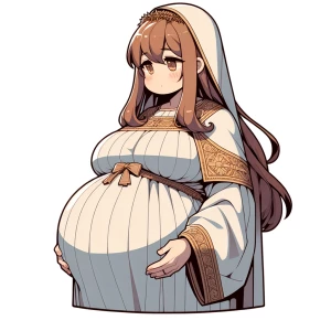 A very very heavily pregnant woman with a huge long belly dresse...