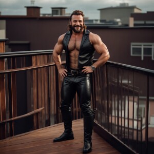 A beefy bodybuilder man hairy chest beard brown hair, smiling, l...