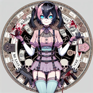 Evil toxic gorgeous anime woman with black hair in pigtails and...