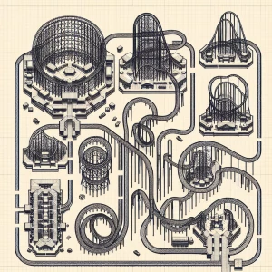 Create a 2D theme park map featuring SEVEN distinct yet COMPACT...
