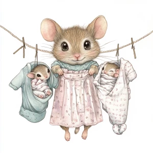 Cute mouse with expressive eyes, hanging laundry on a line which has lots of baby clothing hanging off it on clothing pins. She is adorable and has 2 little baby mice hanging from the line wrapped in blankets. Style is watercolor, with pencil outlines.