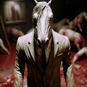 epic creepy eyeless humanoid horse, horror, blood, wearing a sui...