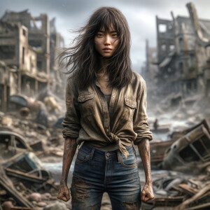 Skinny and thin Asian teen girl wearing skin tight jeans that are worn and frayed, long hair and bangs heroic ready to fight stance