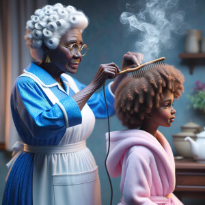 Create a realistic 3-D image of an african-American grandmother wearing a blue house dress and a white apron . She is in the kitchen with her african-American granddaughter. Her granddaughter is wearing a pink bath robe. The grandmother has a hot comb in her hand and she is straightening her granddaughters hair. One side of her granddaughters hair is in  a Afro the other straight 
There is smoke coming from the hot comb
The granddaughter is making a face