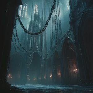 Create an image of an ancient cathedral shrouded in darkness, wi...