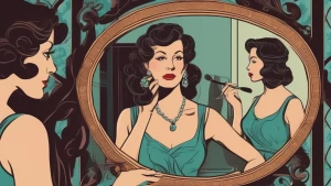 Two women in a vintage mid-century setting are depicted in front...