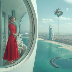 mirror edge's girl with sharp sword, in the top of burge al arab...