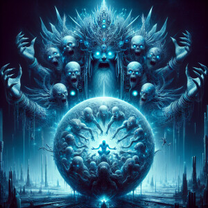 A colossal ethereal deity with multiple arms and glowing eyes to...