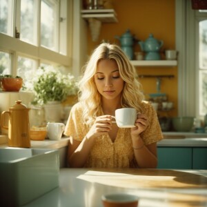 A young blonde wearing a sun dress, sitting at the kitchen table...