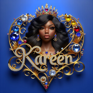 Craft a 3-D image showcasing the name 'KAREN' in a luxurious gol...