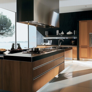 Design a contemporary European kitchen featuring wood cabinets