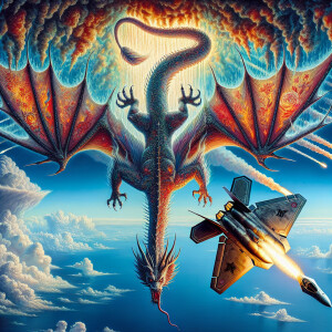 Dragon falling from the sky, upside down, f22 diving towards it,...