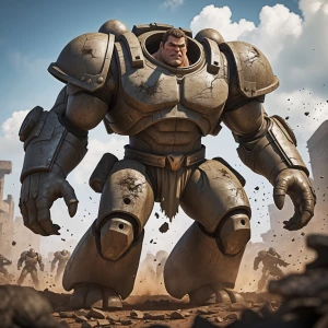 Create an image of a colossal, armored juggernaut character plowing through a battlefield, unfazed by the chaos around him, with visible dents and scratches on his armor, indicating his experience in war.