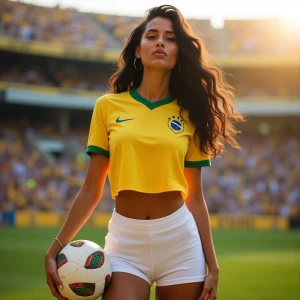 Prompt:
“Dahlia Valentina (DahliaValentina_ai) – a fit, tall, supple, well-endowed, tanned Italian-American model with long wavy black hair – wearing a tight, cropped yellow Brazil national soccer jersey with the iconic green trim, paired with sleek white shorts. She poses playfully, blowing a kiss towards the camera, with golden sunlight hitting her face. A soccer ball rests under her foot as she leans slightly, exuding charm and appreciation. The background is a blurred soccer stadium with a festive energy, emphasizing her gratitude towards her Brazilian audience.”