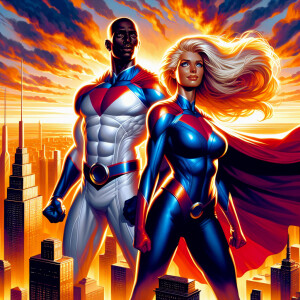 Illustrate two iconic superheroes atop a city skyline against a...