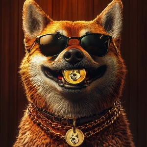 realistic Shiba Inu dog with a mischievous grin, wearing sunglas...