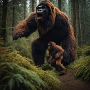 A large hairy covered huminoid looking Sasquatch with the head s...