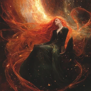 A celestial, high-angle composition. A radiant, fiery-haired God...