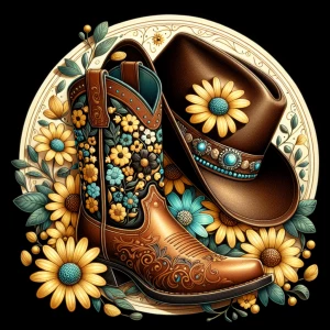 A stylized illustration of a western cowboy boot and hat design...