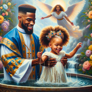 An oil painting depicting a light-skinned African-American pasto...