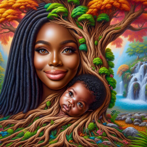 Create a close-up, hyper-realistic 3-D oil painting of a tree wi...