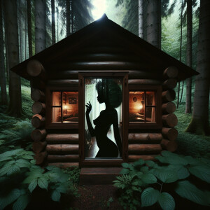Approaching a secluded log cabin nestled in a dense forest, I no...