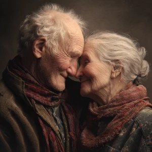 Generate an image of an elderly Caucasian couple, warmly embraci...