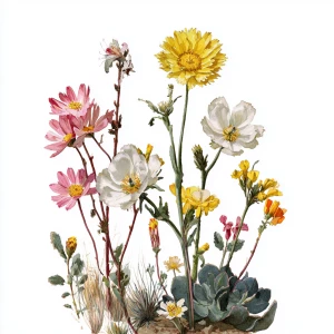 Desert wildflowers, botanical illustration, white background