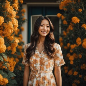 A cute woman

Californian

Smiling 

Clothes: Floral Dress

Look...