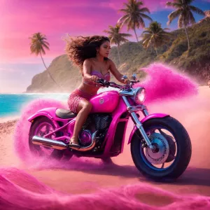 Create an image of the character Moana riding a motorcycle with...