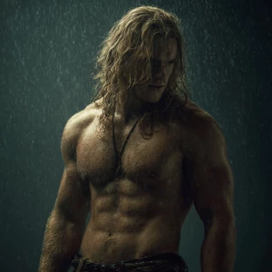 20-year-old man, blond-ginger hair color, chest hair, in the rai...