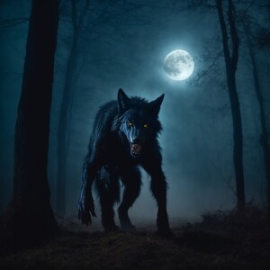 A scary werewolf in the forest at night with a full moon and rol...