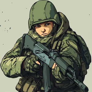 Logo of russian kid soldier in modern military attire, holding a...