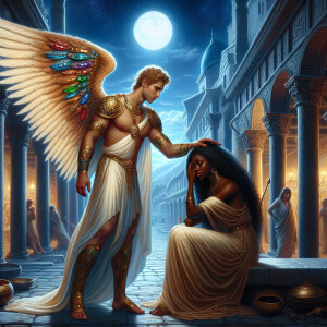 Create an oil painting image featuring a male angel and a grievi...