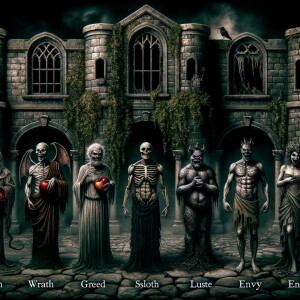 7 deadly sins in front of a undead castle