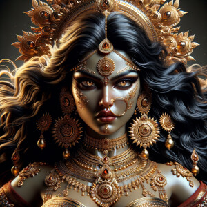 create a High-resolution hyper realistic full-body image of gorgeous and angry goddess durga slaying mahishasur. intricately detailed depiction of a goddess. gold jewelry all over body. sharp nose, light skin, beautiful brown eyes, wavy black hair, red lips, slim body, red clothing, muscled limbs, ultra detailed body. uhd, hdr, 64k, epic scene.