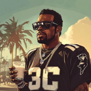 Diddy with milk as NFL player, in GTA art style.