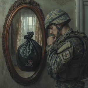 A Russian soldier in modern camouflage uniform with a helmet wit...
