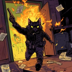 A crime boss cat flipping a table as SWAT-like cats burst throug...