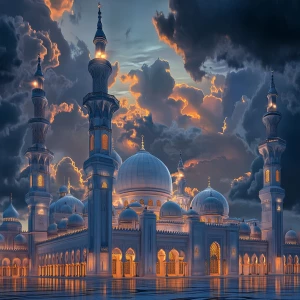 A breathtaking, illuminated mosque with grand domes and tall min...